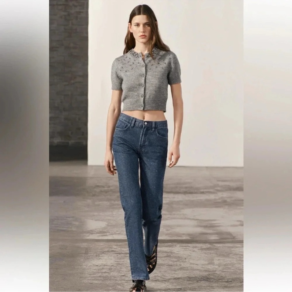 ZARA ZW COLLECTION RHINESTONE HIGH WAIST BOOTCUT BLOGGERS FAVORITE JEANS - Picture 3 of 15